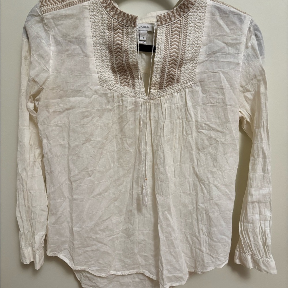 J. Crew Women's White Blouse with Tan Embroidery
